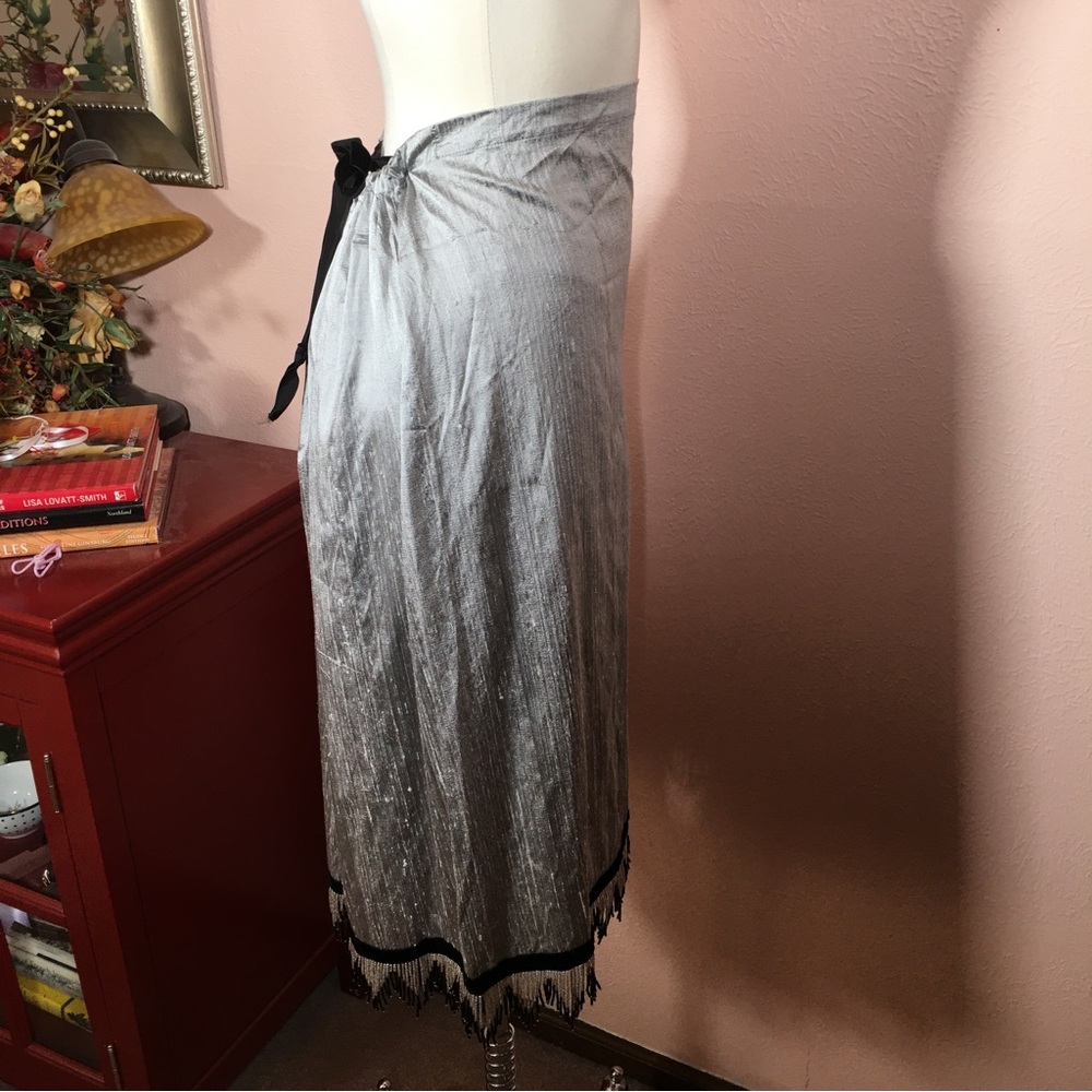 Vintage 1990 Y2K Unique Art deco Raw Silk Beaded Fringe Midi Formal Skirt - Picture 7 of 17
